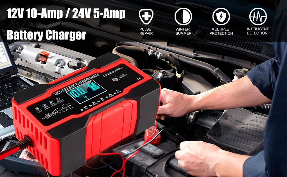 10Amp Car Battery Charger, 12V and 24V Smart Fully