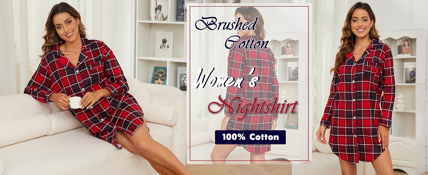 CHUNG Women Nightshirt Long Sleeve Button Up Ladies Checked Sleep Shirt Plaid Nightdress Tartan Pyjamas Flannel Cotton 9 women winter nightshirt cotton button down