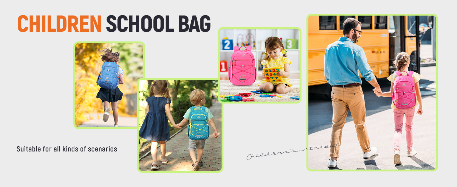 Collage promotionnel pour cartables pour enfants montrant de multiples scènes extérieures avec des sacs à dos utilisés dans des contextes scolaires et de voyage.