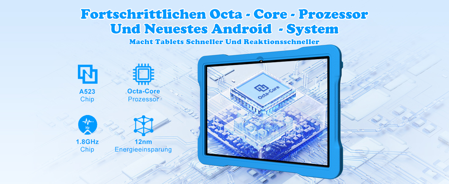 Der Text lautet „Fortschrittlichen Octa-Core-Prozessor und Neuestes Android-System“. Technische Abbildung, die die Prozessorarchitektur und das Tablet-Gerät mit blauen geometrischen Mustern und Symbolen zeigt.