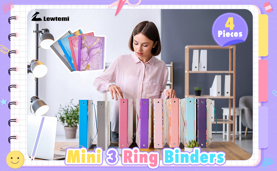 4 Pack Mini Binders 5.5 x 8.5 Three Ring, 1 Inch Marble