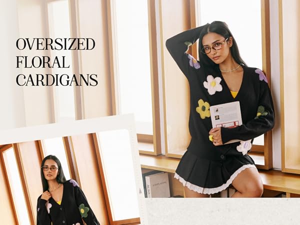 CIDER Womens Cardigan V Neck Floral Cardigan for Women Knit