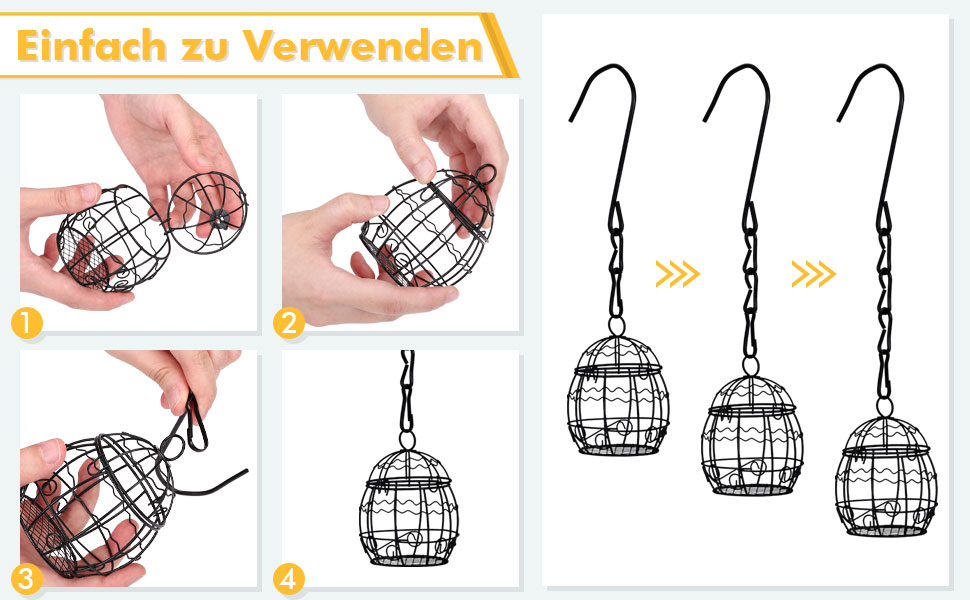 Anleitungsdiagramm zur Montage von hängenden Pflanzgefäßen aus sphärischem Draht. Die Schritte zeigen das Öffnen, Einsetzen einer Pflanze und das Aufhängen des fertigen Pflanzgefäßes