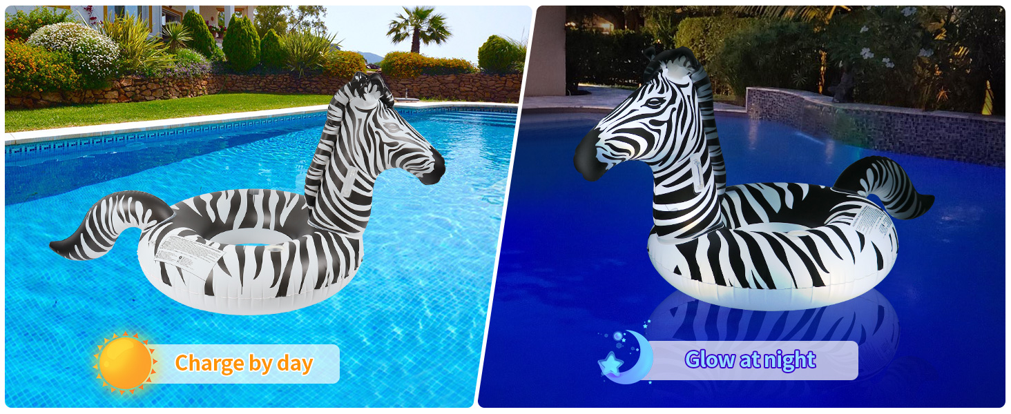 FlyfreeU Inflatable Zebra Pool Float with Lights, Solar