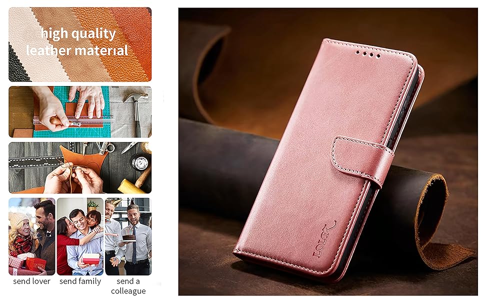 Rose gold leather wallet phone case with card slots and a magnetic closure, showcased against a leather backdrop with inset lifestyle images.