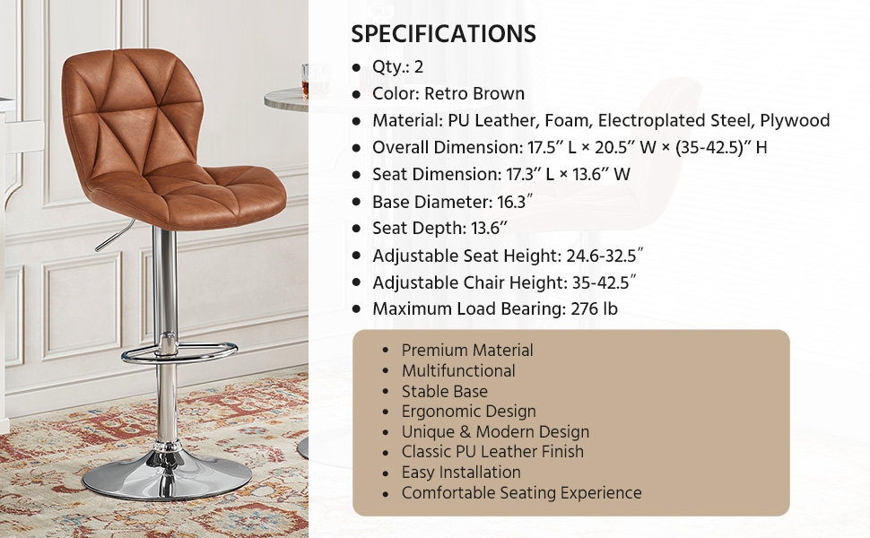 Yaheetech Bar Stools Set of 4 Adjustable PU Leather 360