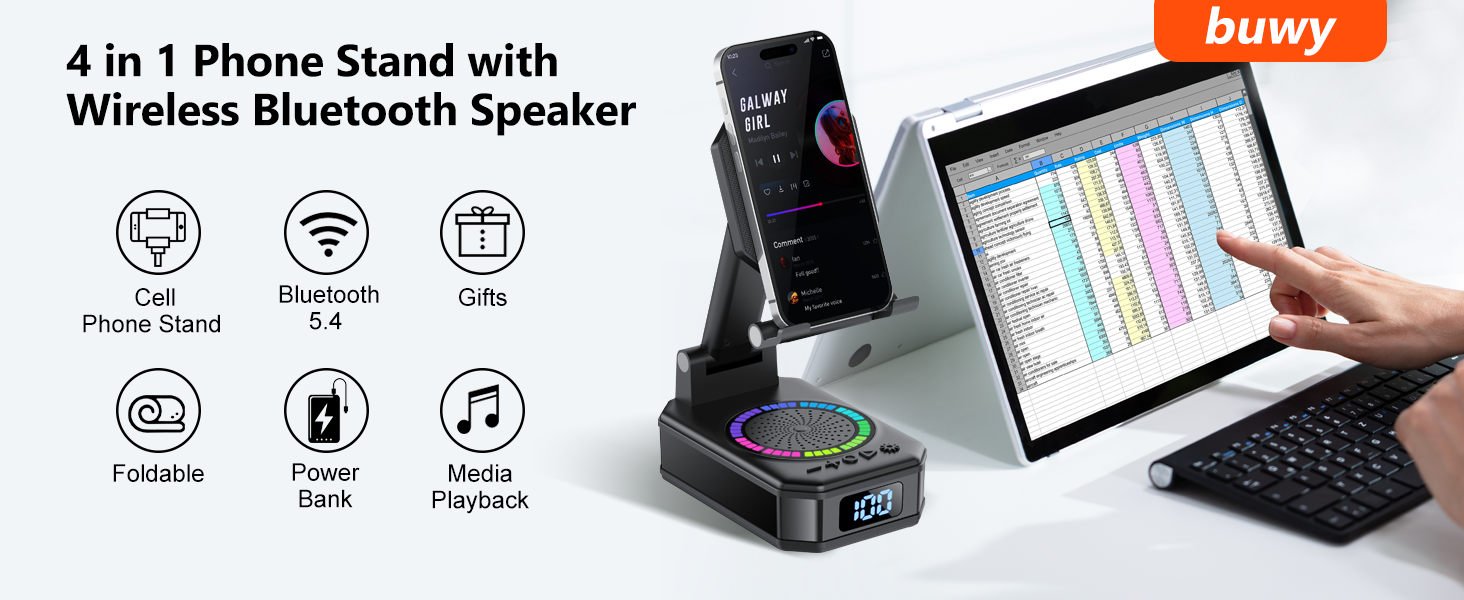 Text reads: '4 in 1 Phone Stand Holder with Wireless Bluetooth Speaker'. Product diagram showing device features with icons for multiple functions on dark background.