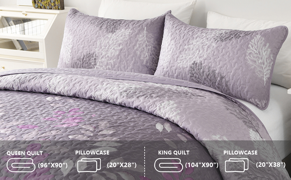 Purple Floral Quilt Set King Size, 3 Pieces Botancal Leaves