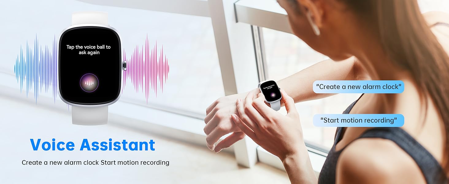 Digital interface showing sound waves and 'Voice Assistant' text, with smartwatch demonstration images and chat bubbles.