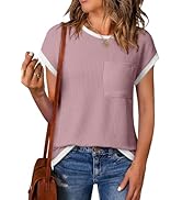 EVALESS Women's Short Sleeve T Shirts Crewneck Color Block Ribbed Knit Tee Blouses 2025 Trendy Su...