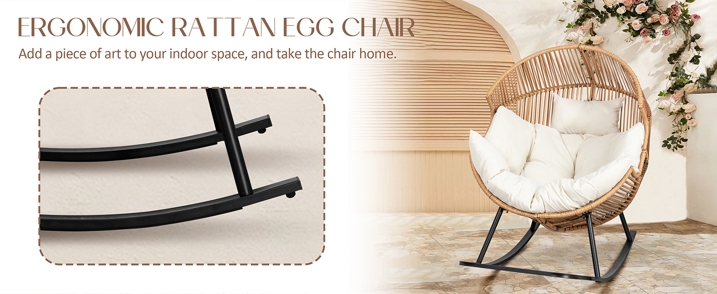 JAMFLY Egg Chair Outdoor Rocking Chairs, Wicker Patio Chair Oversized Lounger Chair with Cushion for Indoor Living Room Bedroom Outside Patio Backyard Balcony, Beige 16 egg chair indoor