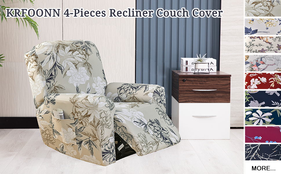 KRFOONN Recliner Slipcovers Stretch Printed Sofa Cover 4Piece Lazy Boy