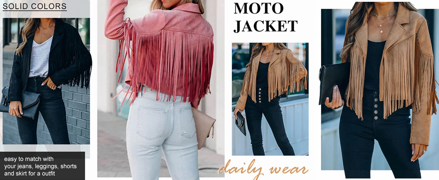 Women's Faux Suede Leather Fringe Jacket Cowgirl Crop Moto Biker