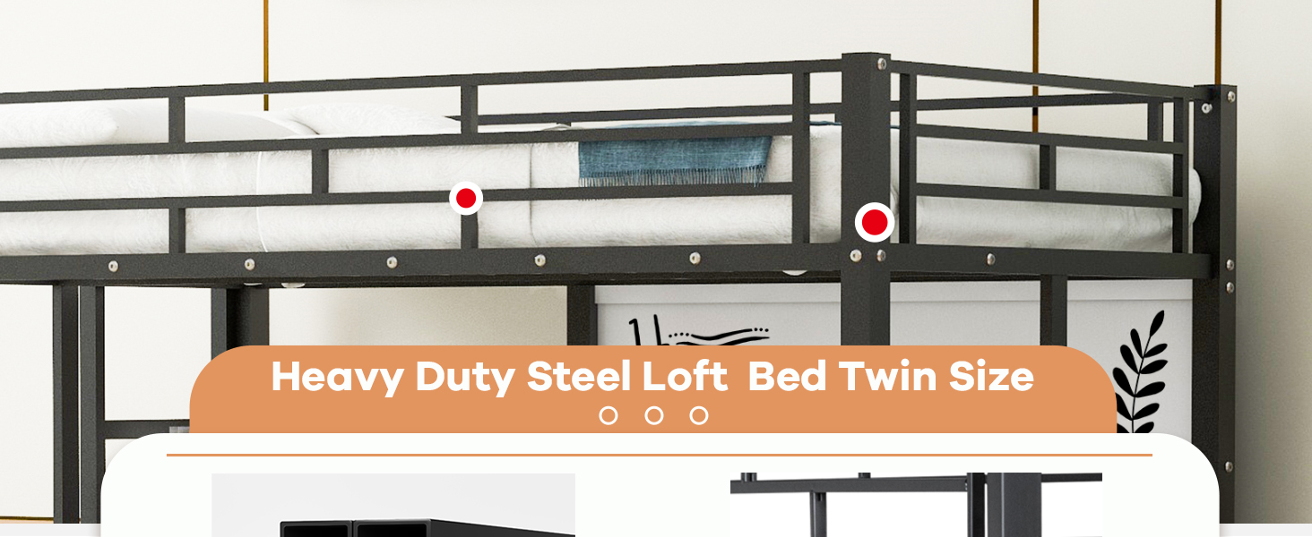 Twin Loft Bed with Desk and Storage Shelves, Metal Loft Bed