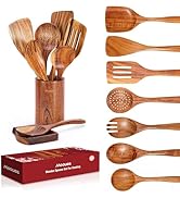 9 Piece Wooden Spoons for Cooking, Teak Wooden Kitchen Utensils Set with Spoon Rest, NonStick Com...