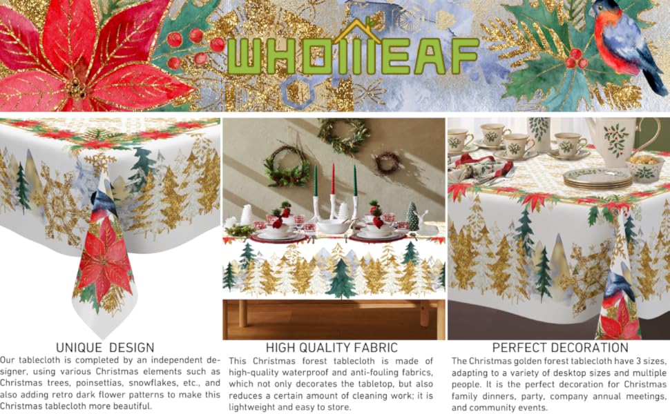 WHOMEAF Christmas Rectangle Tablecloth Gold Winter Trees