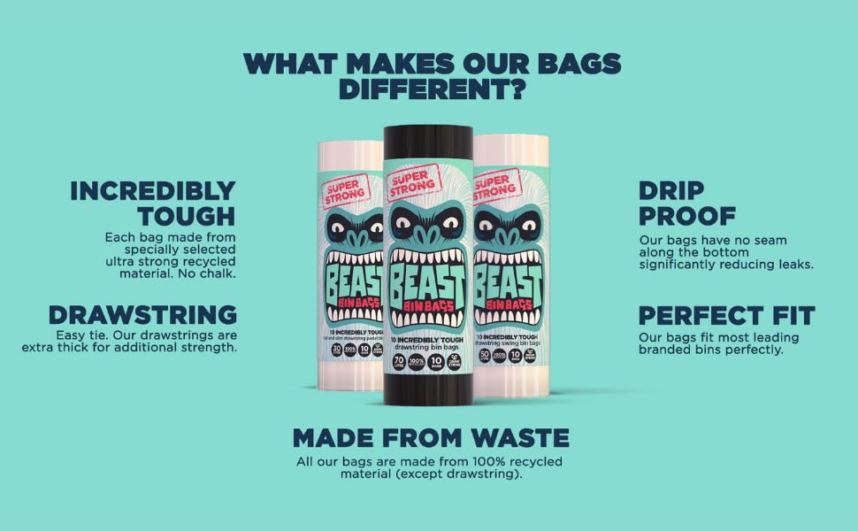 BEAST BIN BAGS 50L 6 pack (60 Bags) Incredibly Tough Drawstring Swing White Bin Bags