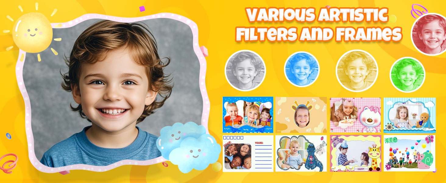 présentant divers filtres et cadres artistiques. Les icônes colorées représentent différents effets pour la personnalisation de l'image.