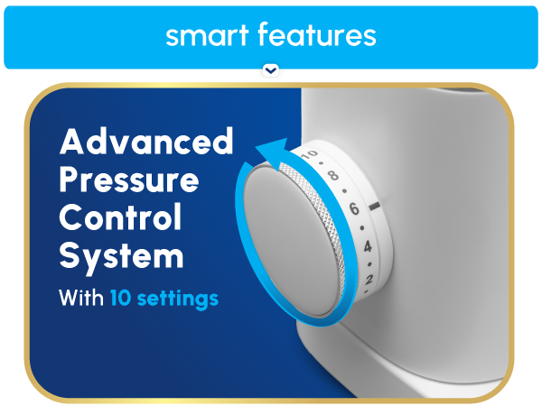 Image of Sonic-Fusion water flow control and text reading advanced pressure control with 10 settings