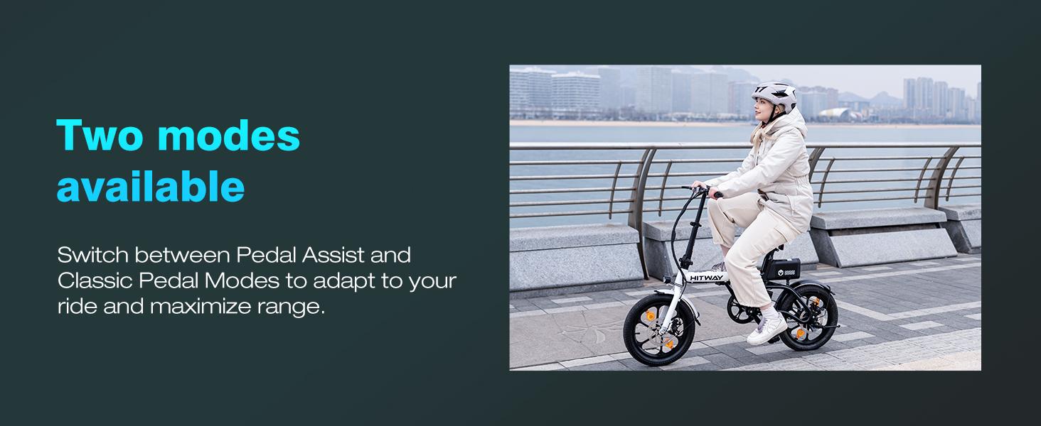 Electric bicycle with small wheels being ridden on a waterfront. Text indicates two riding modes: Pedal Assist and Classic Pedal, for adapting to different riding needs.