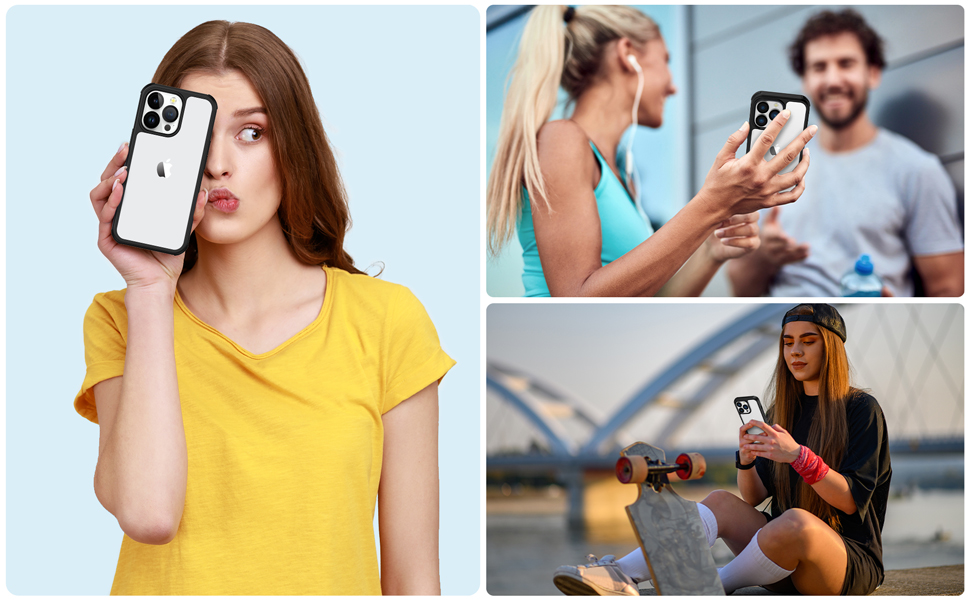 a collage of images showing a woman using her smartphone.