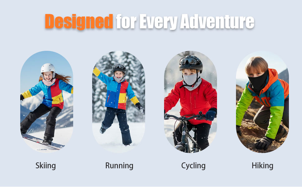Kids wearing KUKASEN neck gaiters while skiing, running, cycling, and hiking outdoors