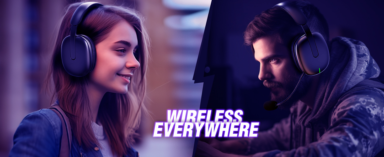 Two people wearing large over-ear wireless headphones in a dimly lit setting. Text overlay reads 'WIRELESS EVERYWHERE'.