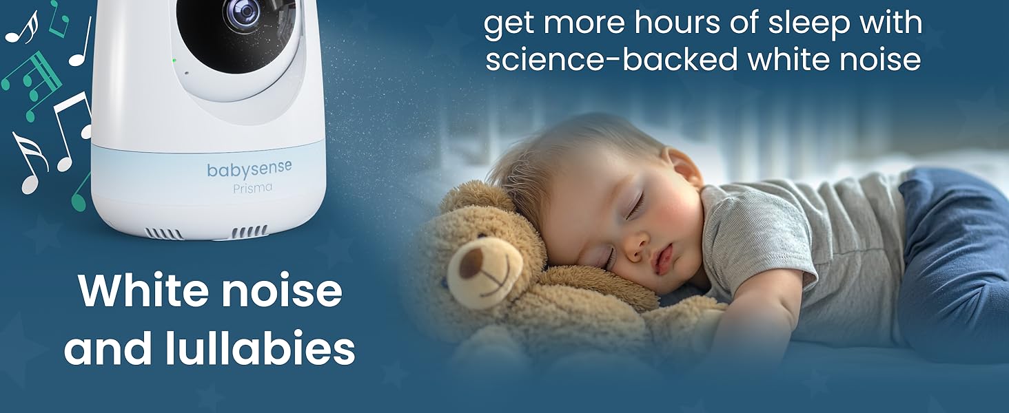 White noise machine with rounded design. Text promotes sleep benefits. Image of sleeping child in background.
