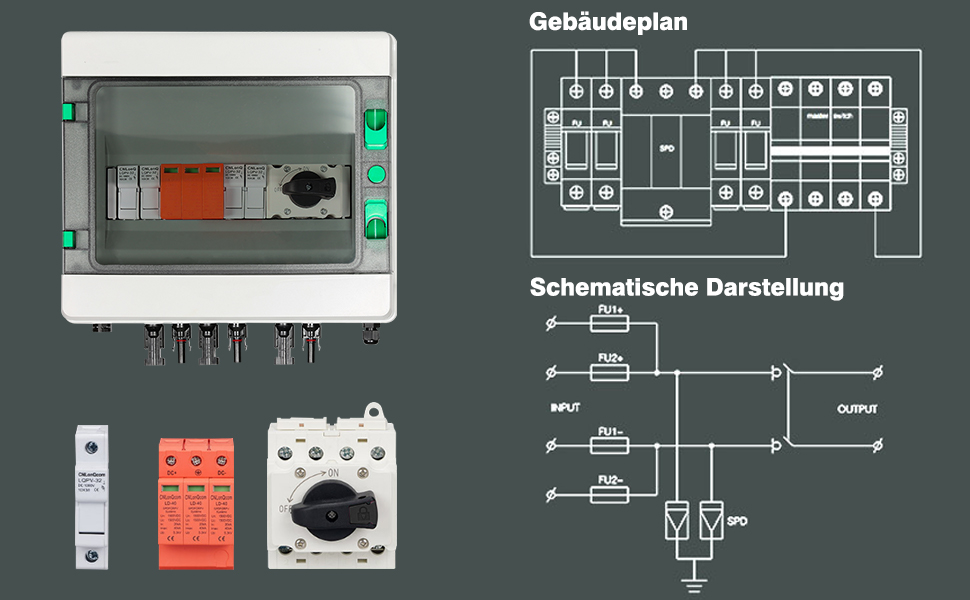 BuyWeek Überspannungsschutz PV DC 1000V 32A DC Trennschalter Blitzschutz  Leitungsschutzschalter PV Anschlusskasten 2-String für Photovoltaik Anlage