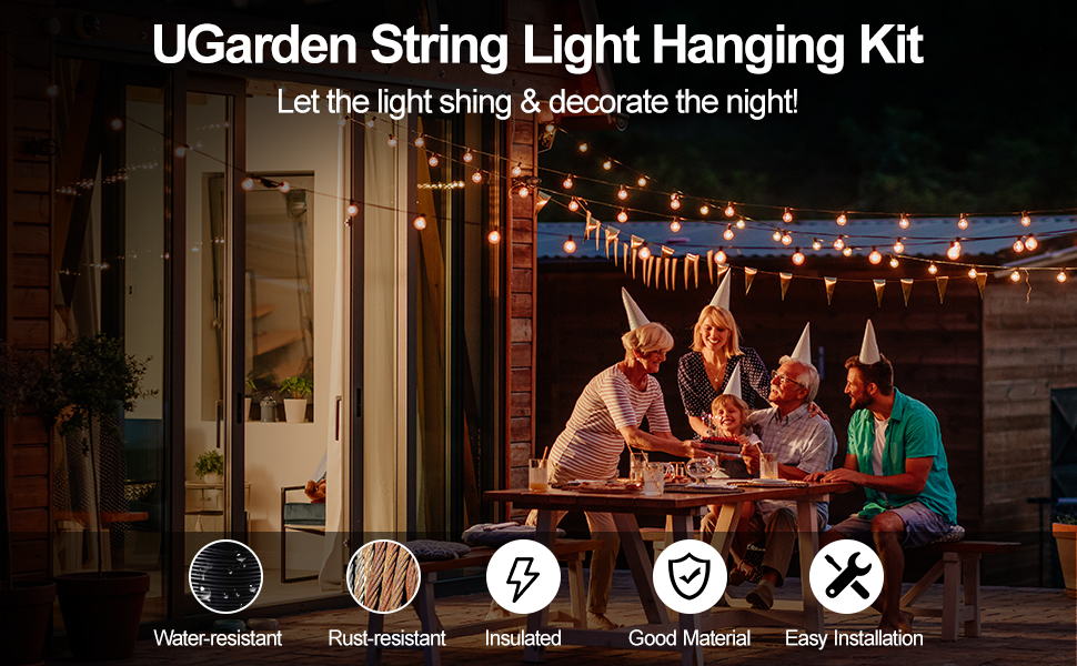 UGarden Upgraded Outdoor String Light Hanging Kit, 170ft Globe String