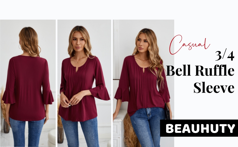 Womens Dressy Casual Blouses 3/4 Bell Ruffle Sleeve Front Pleated