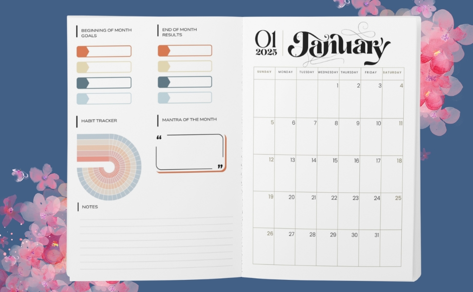 2025 Paris Planner withfull page spread calendars habit trackers and goals