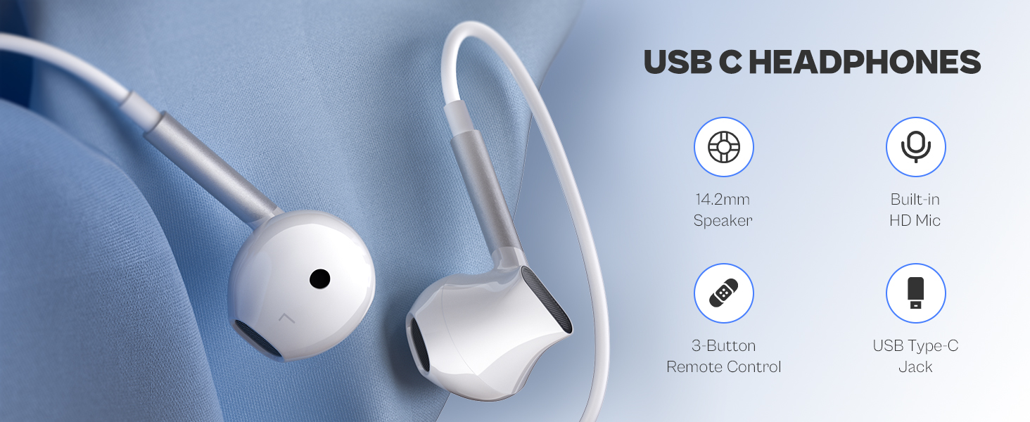 USB C Headphones, USB C Earbuds for iPhone 15 Pro Samsung