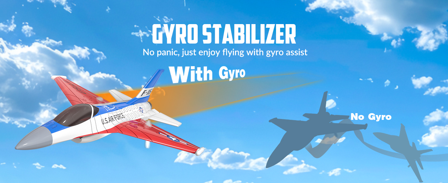 Comparison of aircraft flight paths with and without gyro stabilizer, showing red and white model plane against blue sky with text overlay.