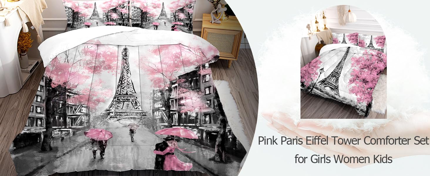 kxry Pink Paris Eiffel Tower Comforter Set Full Size French