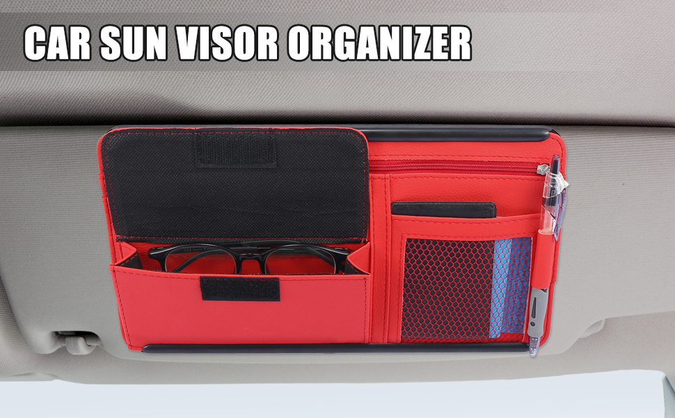 X AUTOHAUX Red Universal Car Sun Visor Organizer Sunglasses