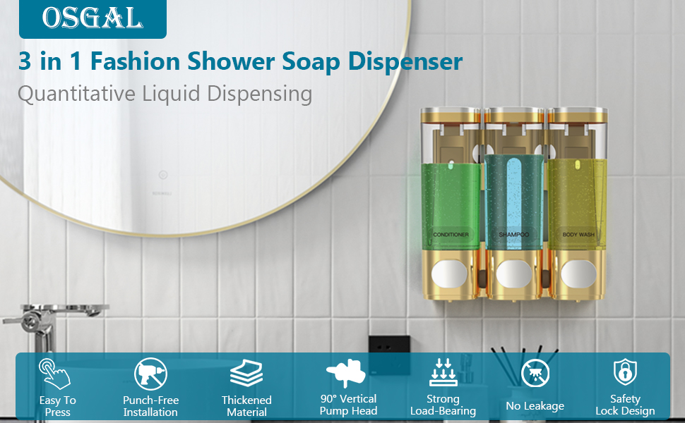 3 in 1 Shower Soap Dispenser, Shampoo and Conditioner Dispenser No Drill, No Leakage