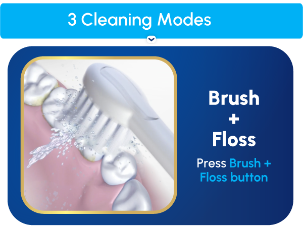 Image of the brushing and flossing cleaning mode with text reading press Brush + Floss buttons