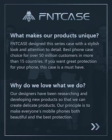 FNTCASE product information display with company logo and text describing phone case features and company mission on dark background.