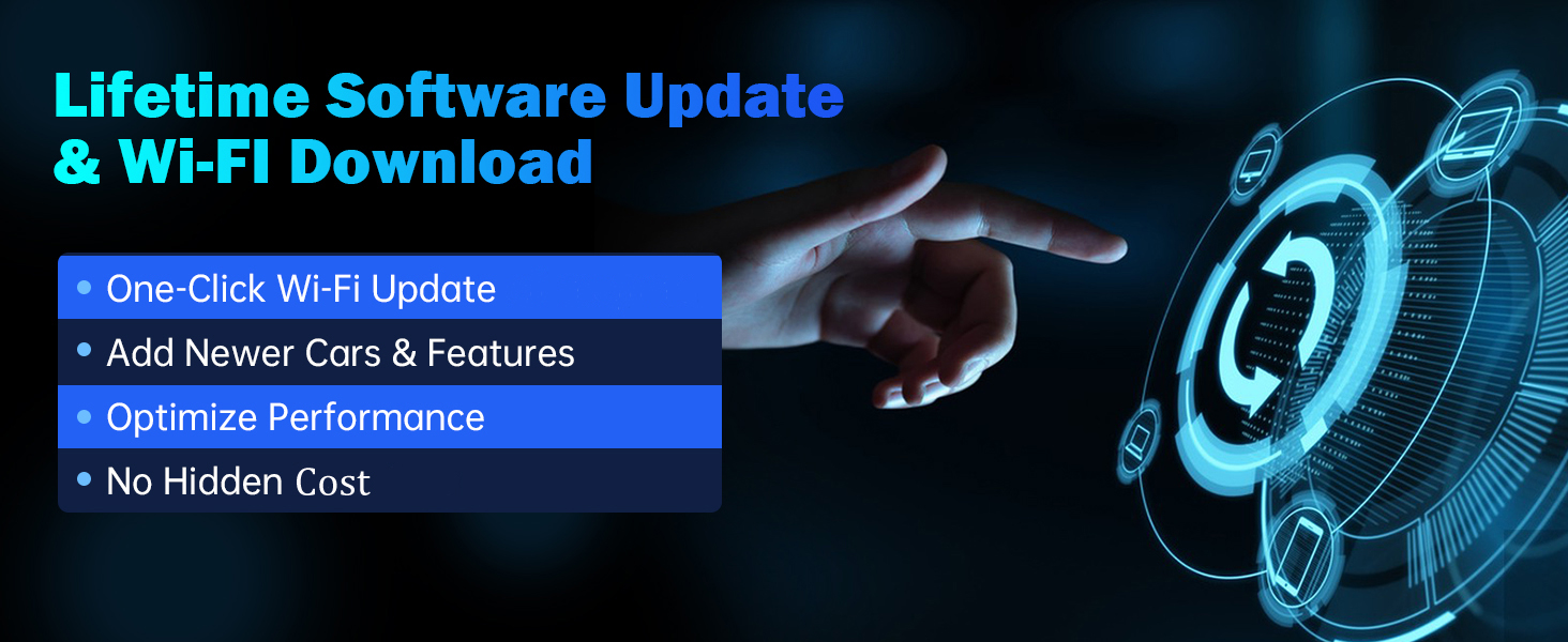 Software update interface for cars featuring one-click Wi-Fi update, newer car additions, performance optimization, and no hidden costs. Hand pointing at holographic car display.