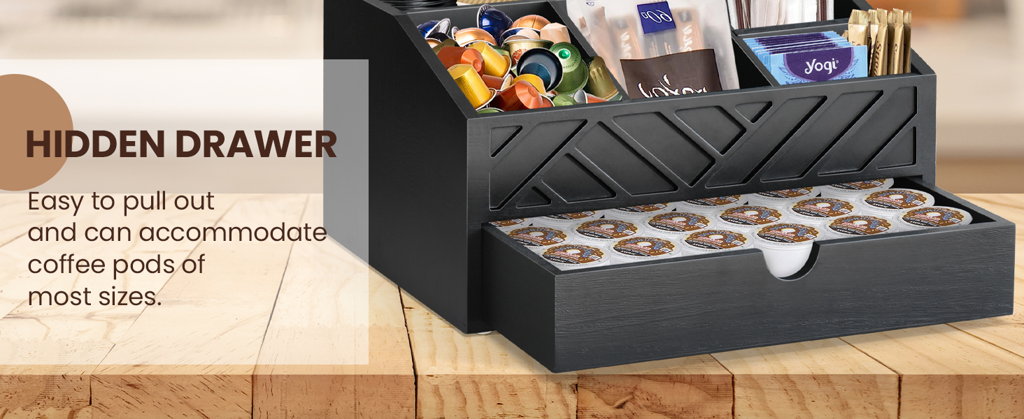 black coffee bar organizer with drawer