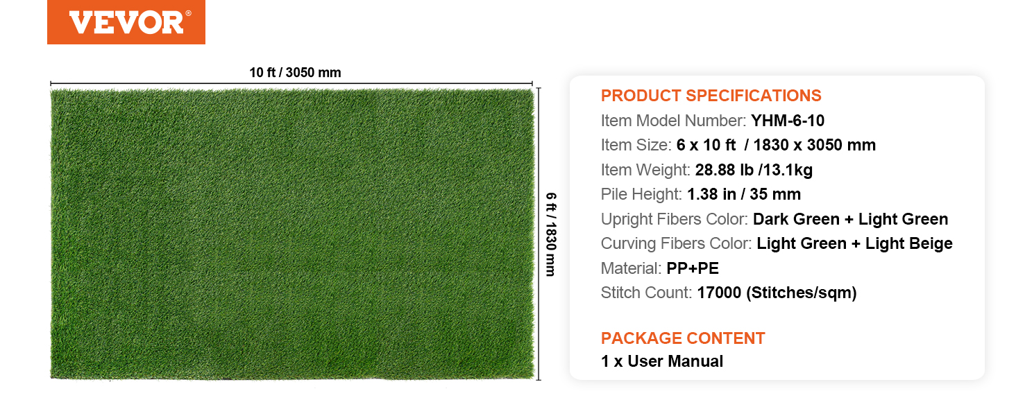 VEVOR Artifical Grass Turf, 6 x 10 ft Thick Grass Rug