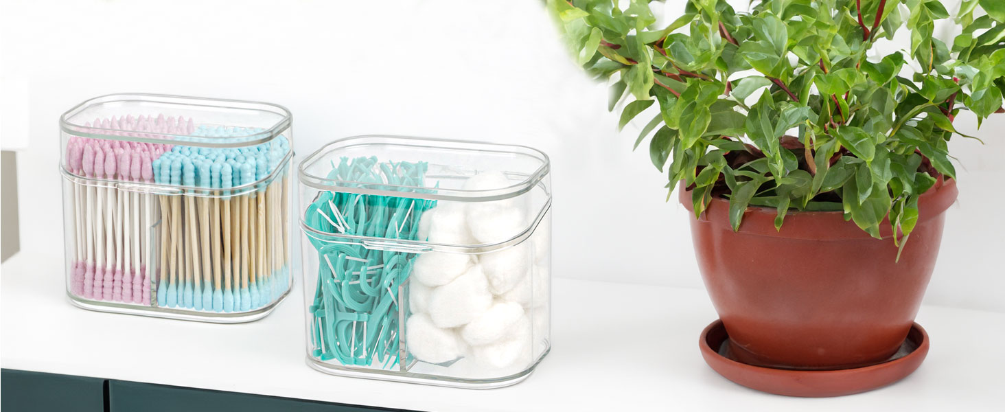 small container neatly stores cotton swabs, balls, and pads