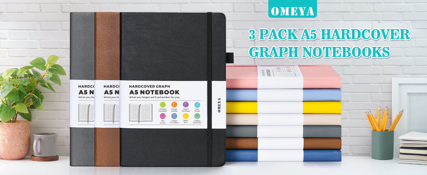 Amazon.com : Graph Paper Notebook 3 Pack, A5 Grid Notebook Journal ...