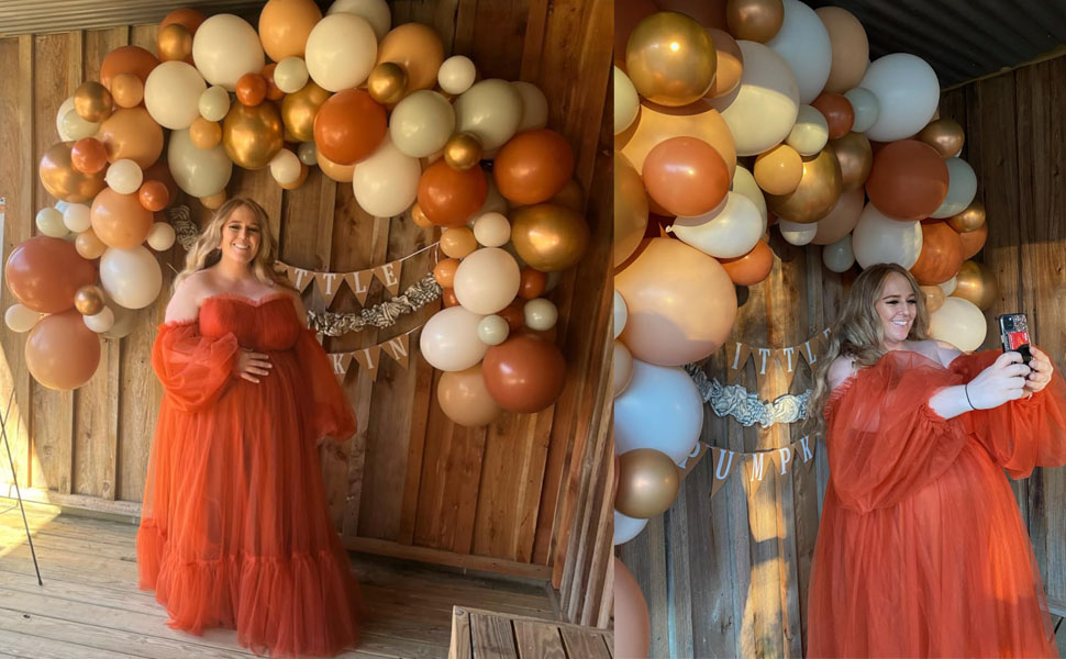 Burnt Orange Maternity Dress Tulle Robe for Photoshoot