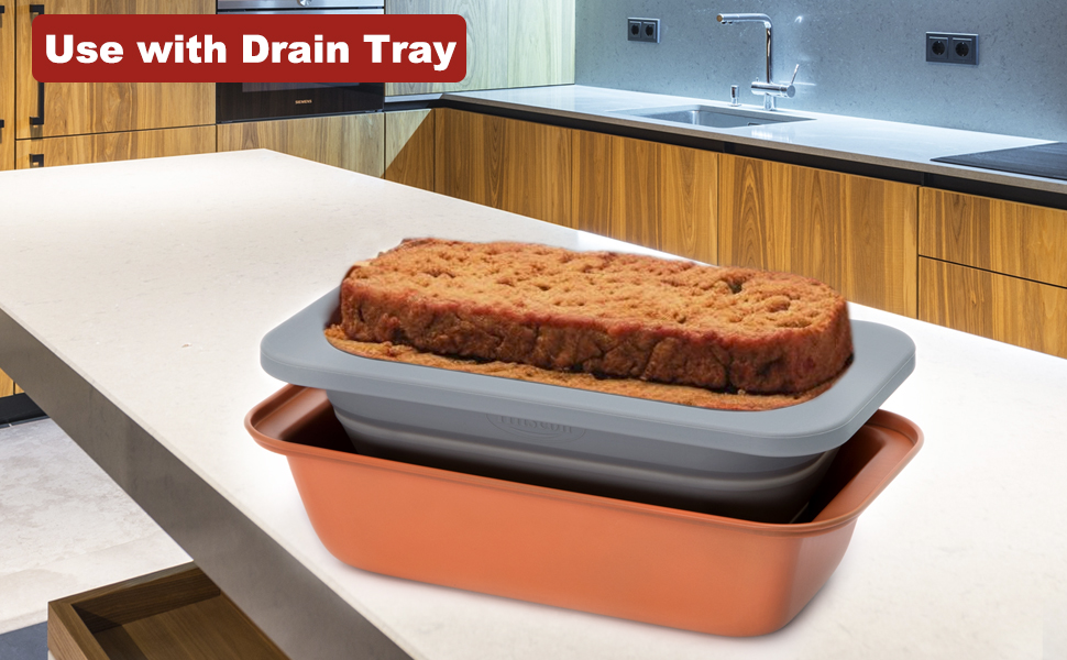 Hitseon Meatloaf Pan with Drain Tray, 2 in 1 Foldable Loaf Pans for