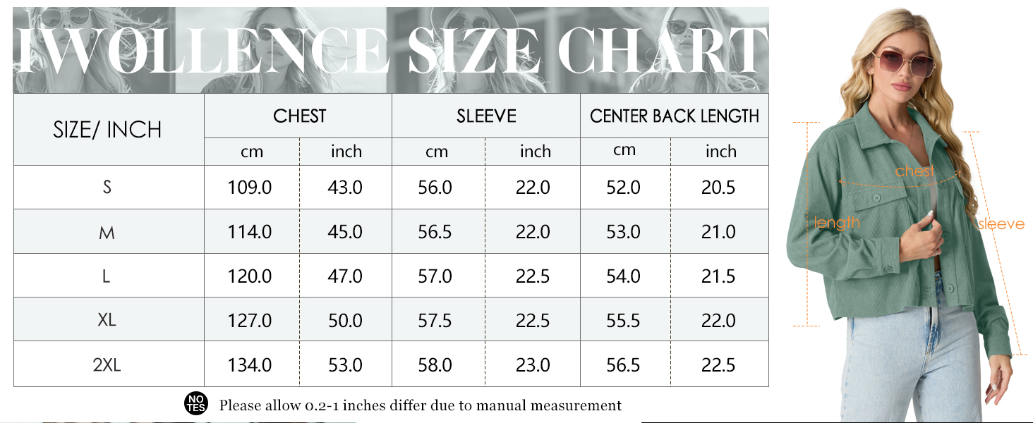 Size chart for women's clothing with measurements in inches and centimeters. Model wearing green jacket, jeans, and sunglasses shown for reference.