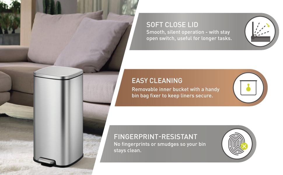 EKO - Stella Stainless Steel Pedal Bin - Step Bin with Soft Close Lid