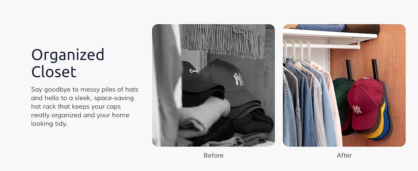 baseball cap organization in closet before and after