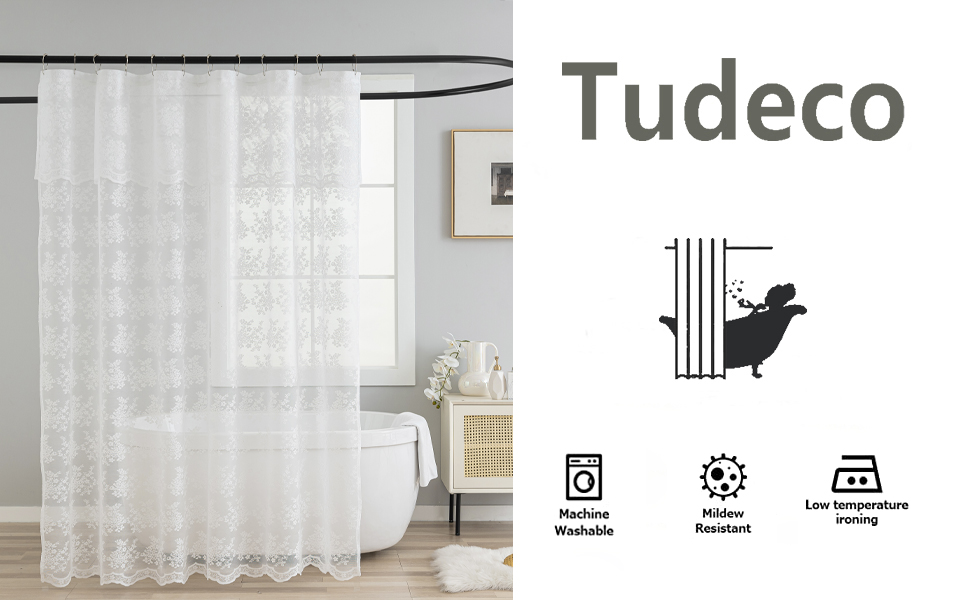 TUDECO White Lace Shower Curtain with Attach Valance